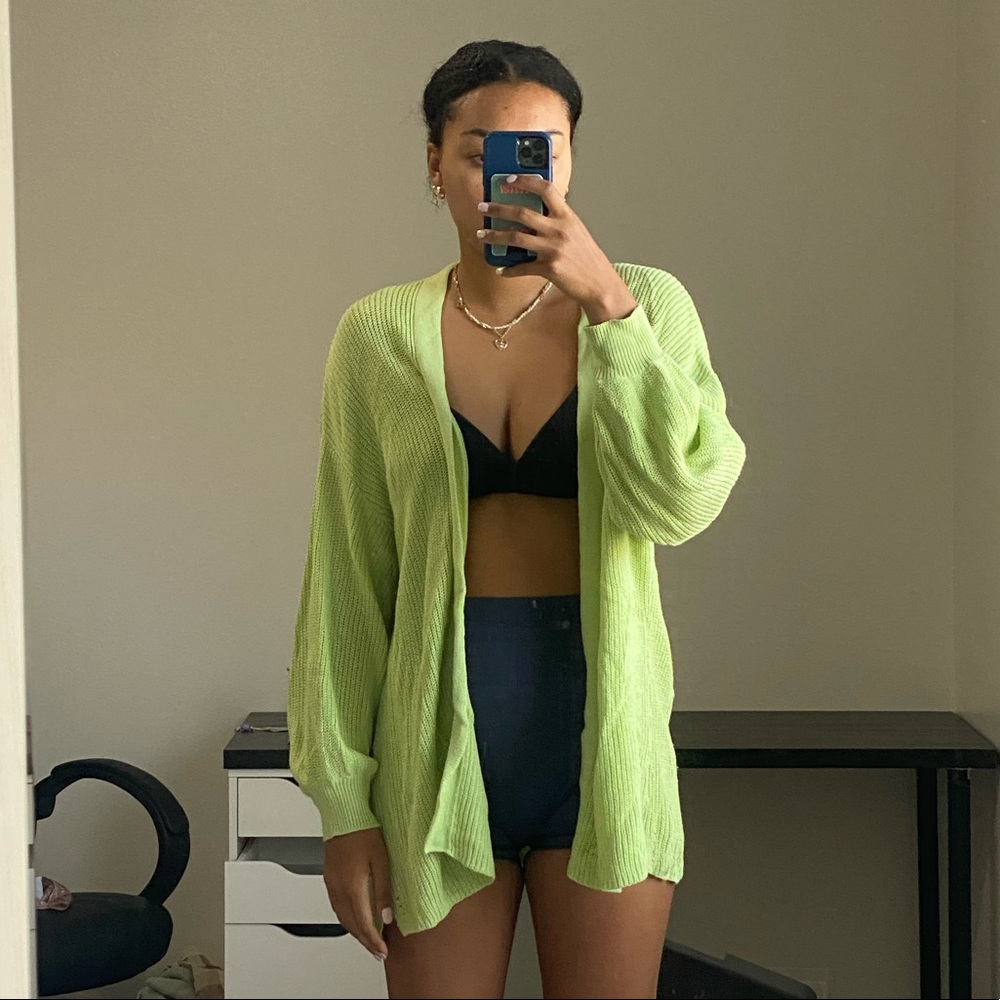 ribbed knit bright light green open cardigan oversized